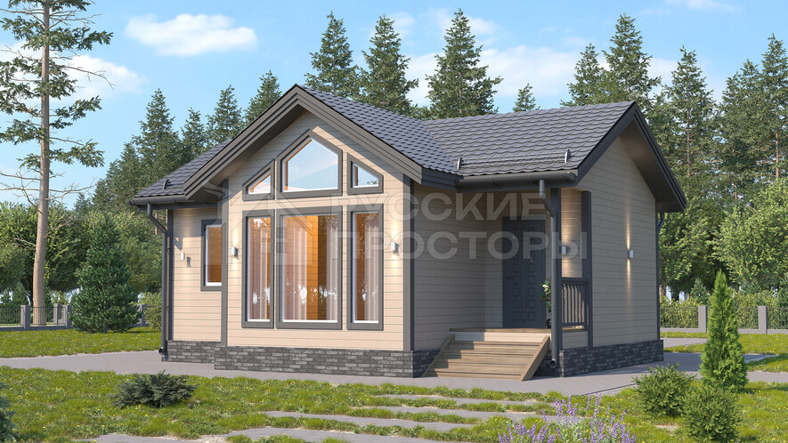 Каркасный дом «Карвио» (9,5х7,5 м, 54,8 м², 1 этаж, 2 спальни) — проект под ключ от СК Русские просторы